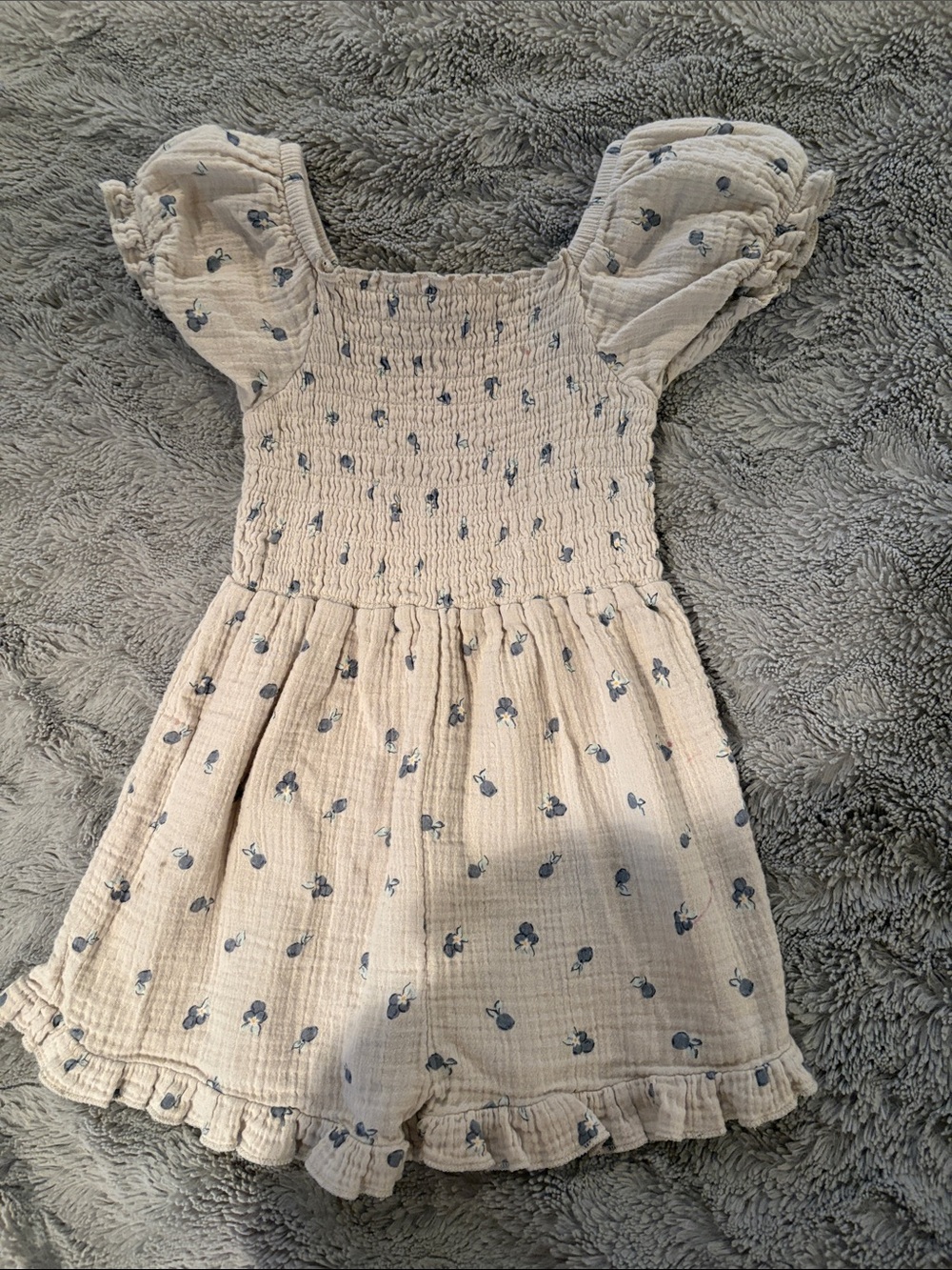 Cream Smocked Girls Blueberry Print Romper in Cream